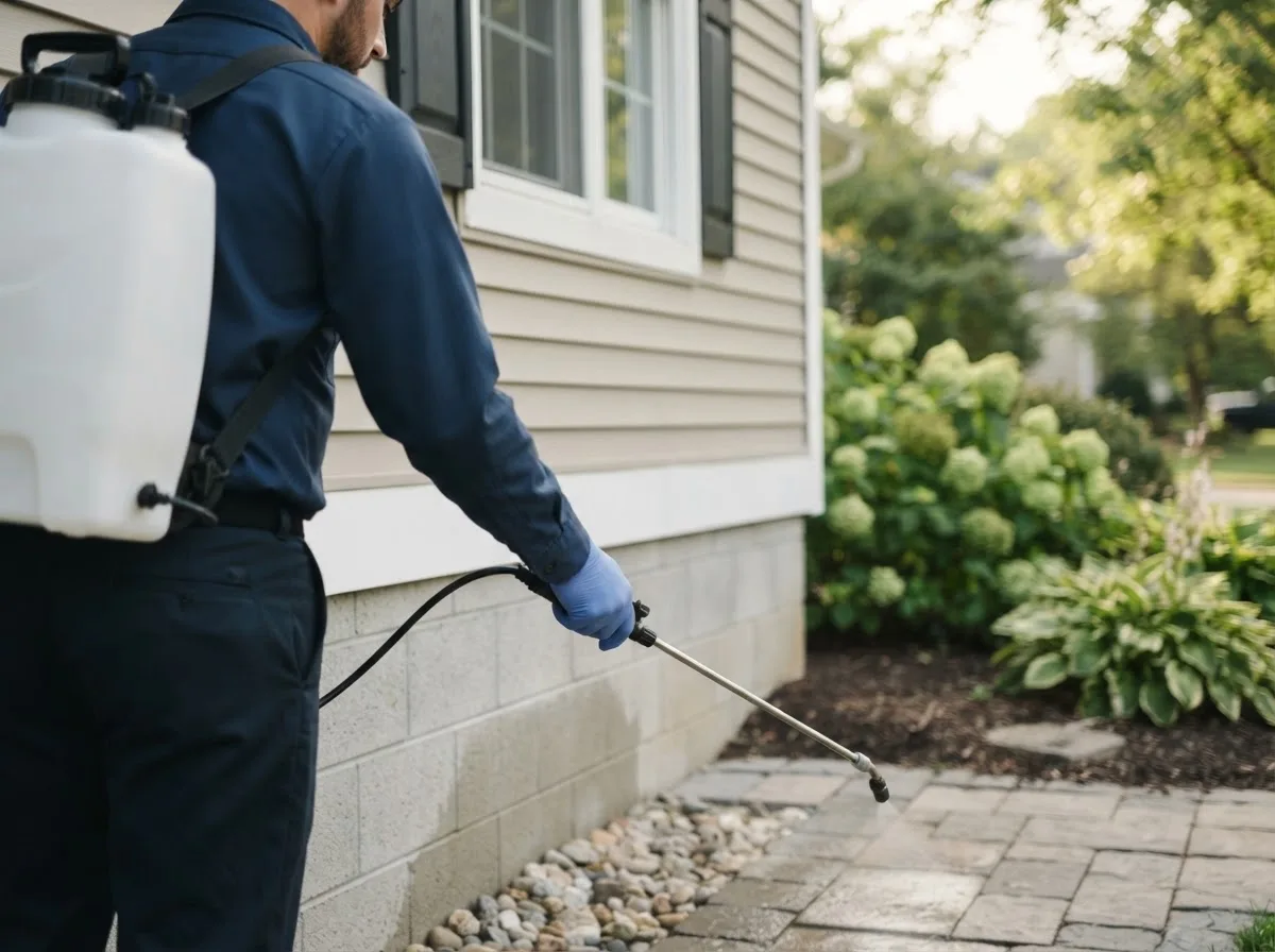 Pest control technician inspecting a home in Polk, NE